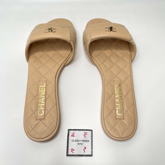 ❌❌SOLD Chanel Beige Slides Sandals Gold CC Logo Turnlock Sandal Flip Flop - Picture 6 of 13